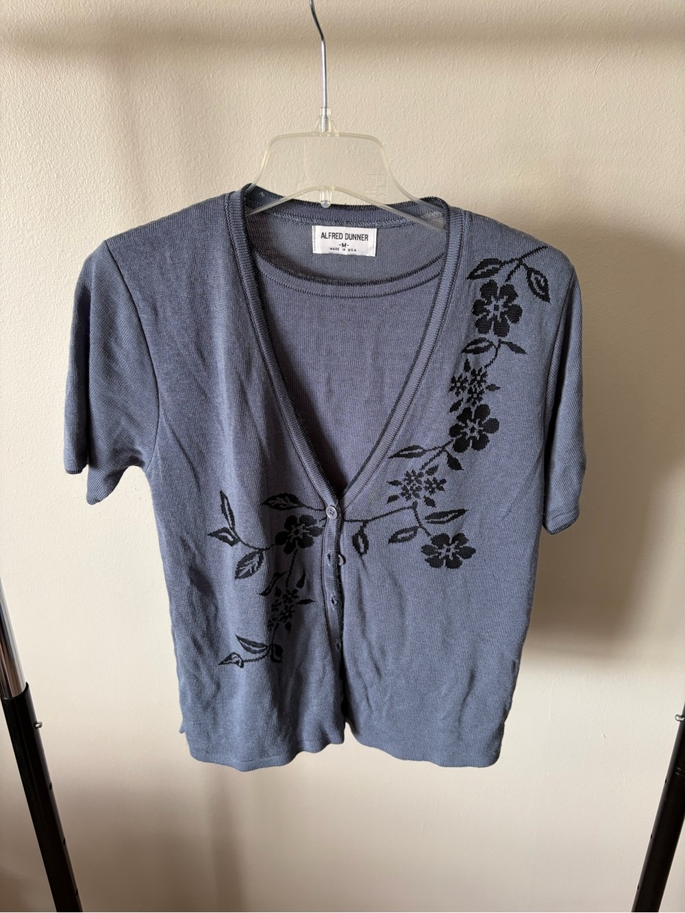 Vintage Alfred Dunner Slate Blue Short-Sleeve Button Front Top with Black Floral